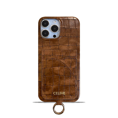 Alligator Print Celine iPhone Case With Card Holder And Strap Brown -EYP241415