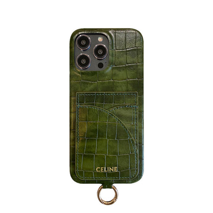 Alligator Print Celine iPhone Case With Card Holder And Strap Brown -EYP241415