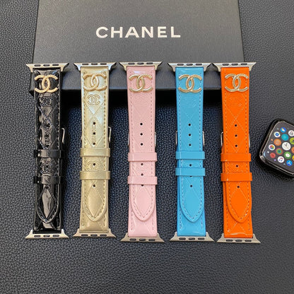 Glossy Leather Apple Watch Strap Luxury Metal Logo