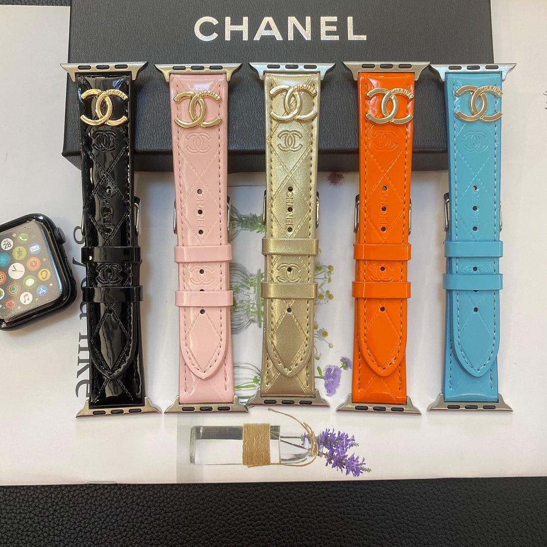 Glossy Leather Apple Watch Strap Luxury Metal Logo