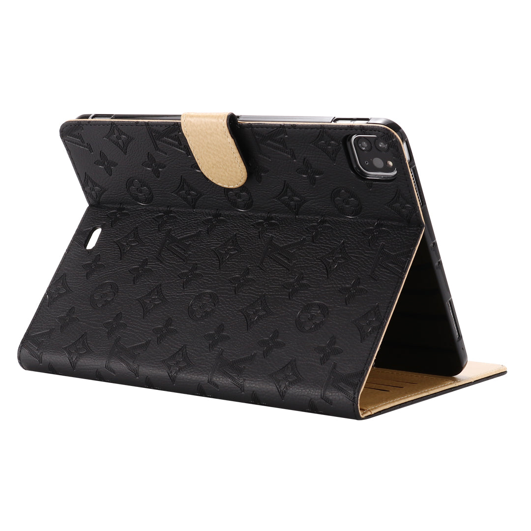 3D Embossed Canvas Monogram Holster Apple iPad Flip Cover With Stand Function