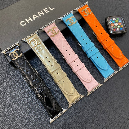 Glossy Leather Apple Watch Strap Luxury Metal Logo