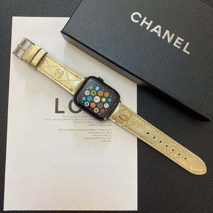 Glossy Leather Apple Watch Strap Luxury Metal Logo