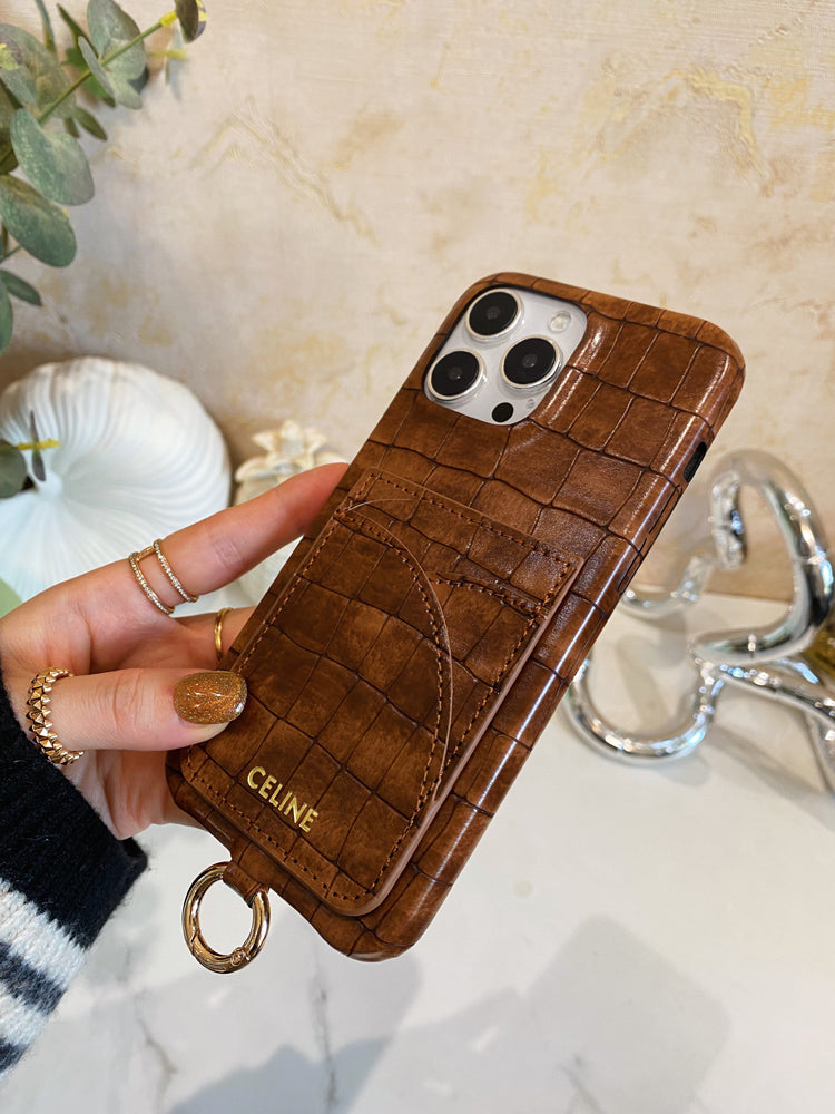 Alligator Print Celine iPhone Case With Card Holder And Strap Brown -EYP241415