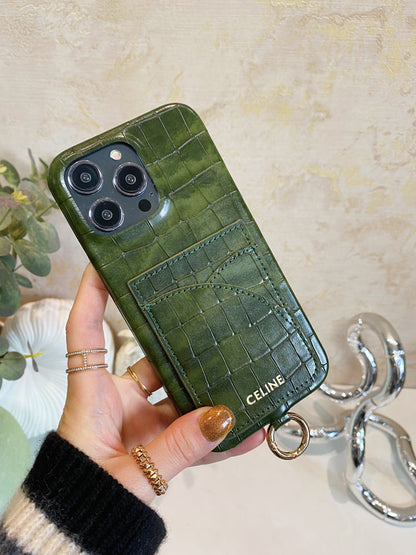 Alligator Print Celine iPhone Case With Card Holder And Strap Green -EYP241415