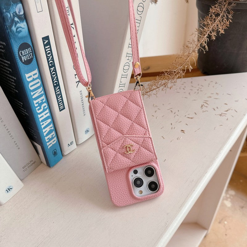 CC -kaarttas kleur lederen ketting iPhone -hoesje