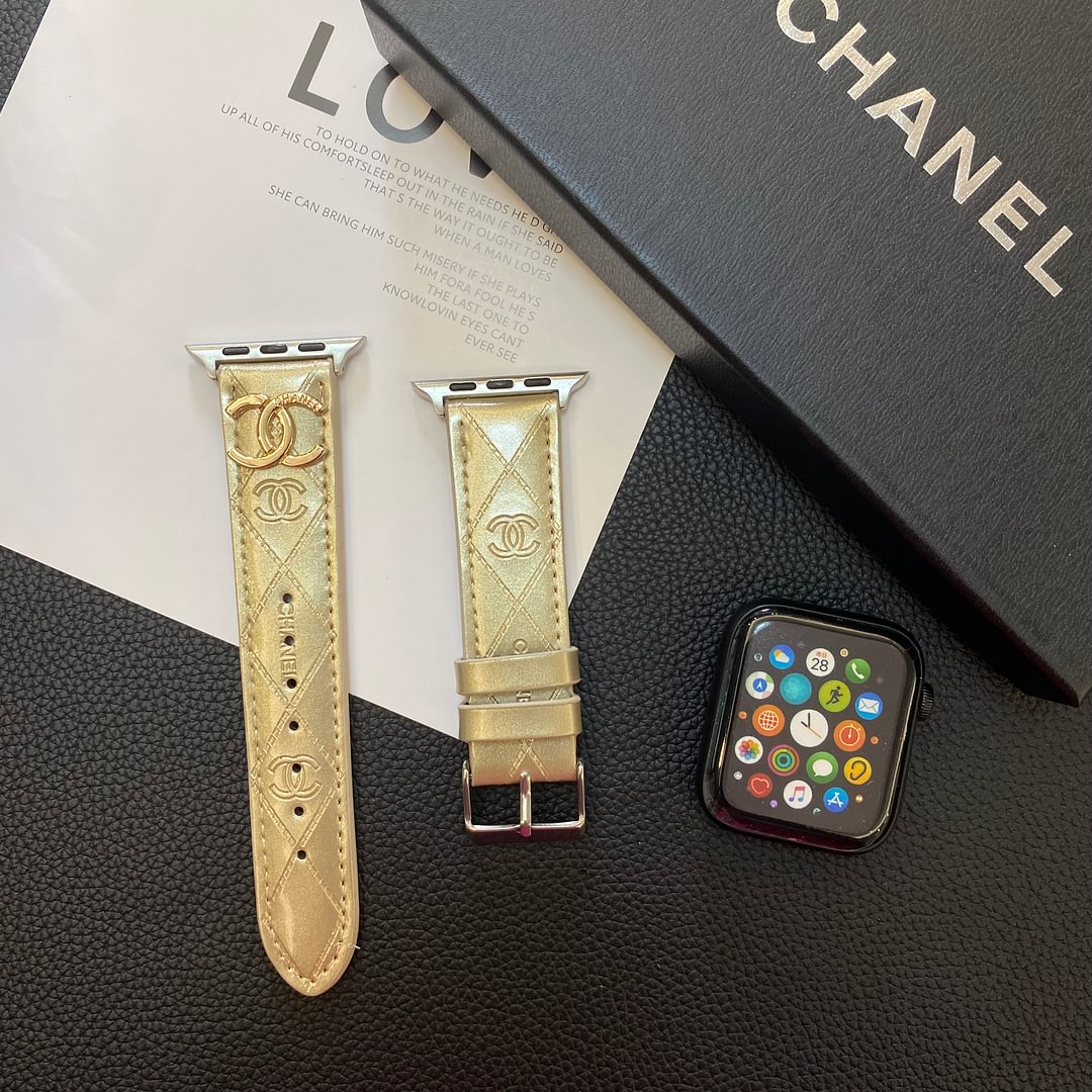 Glossy Leather Apple Watch Strap Luxury Metal Logo